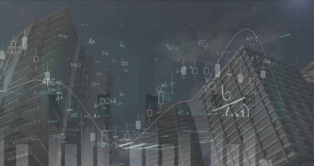 Mathematical Equations and Graphs Overlay on City Skyscrapers