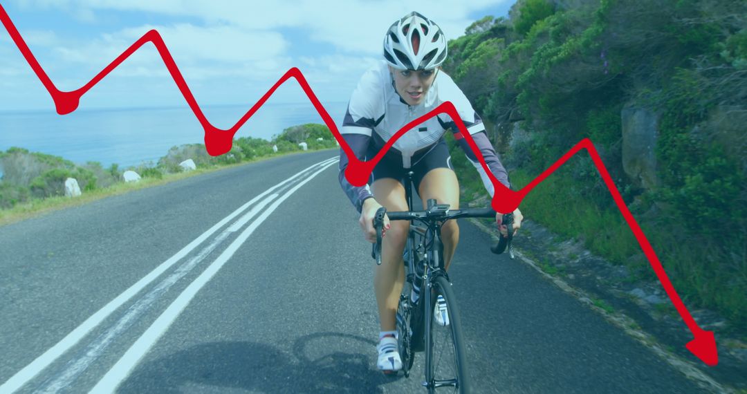 Cyclist Navigating Road while Overlaid with Financial Trend Line