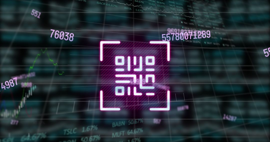 Digital Data Visuals with QR Code Overlaying Financial Numbers