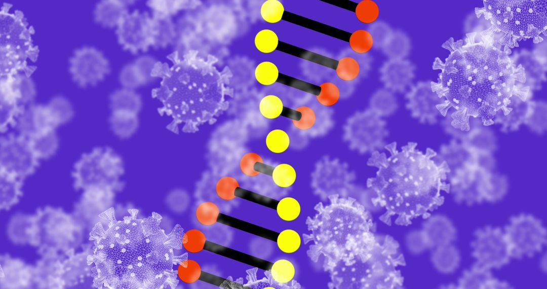 Spinning DNA Strand with Floating Coronavirus Cells on Purple Background