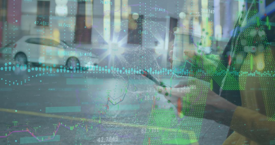 Businesswoman Using Smartphone with Data Interface Overlay