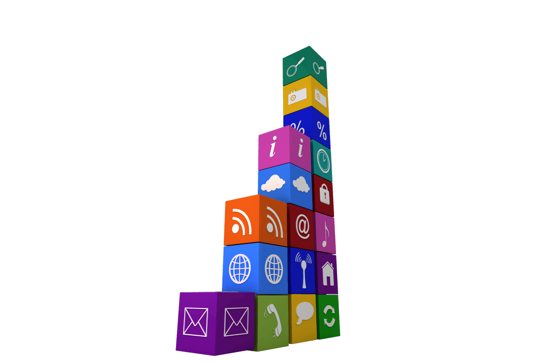 Colorful Digital Media Blocks on Transparent Background