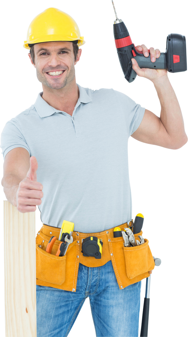 Smiling Male Carpenter Thumbs Up, Holding Drill Machine on Transparent Background - Download Free Stock Images Pikwizard.com