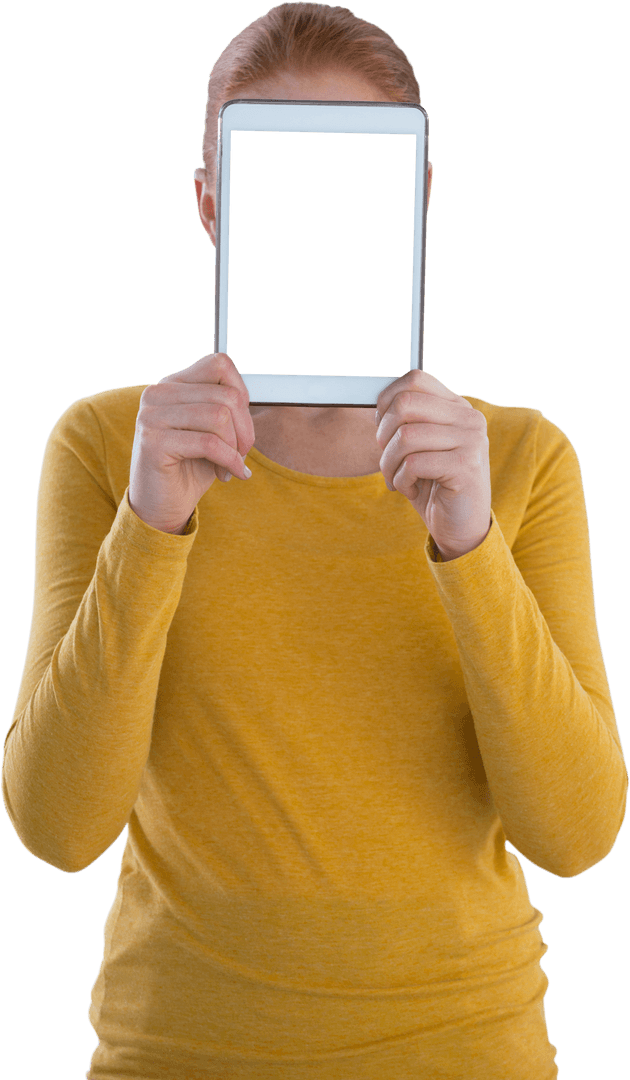 Businesswoman Holding Transparent Tablet in Front of Face