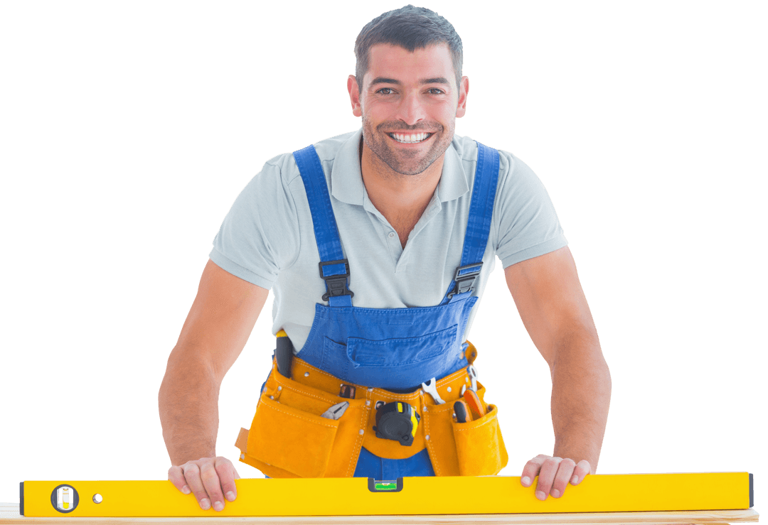 smiling worker holding level tool on transparent background - Download Free Stock Images Pikwizard.com