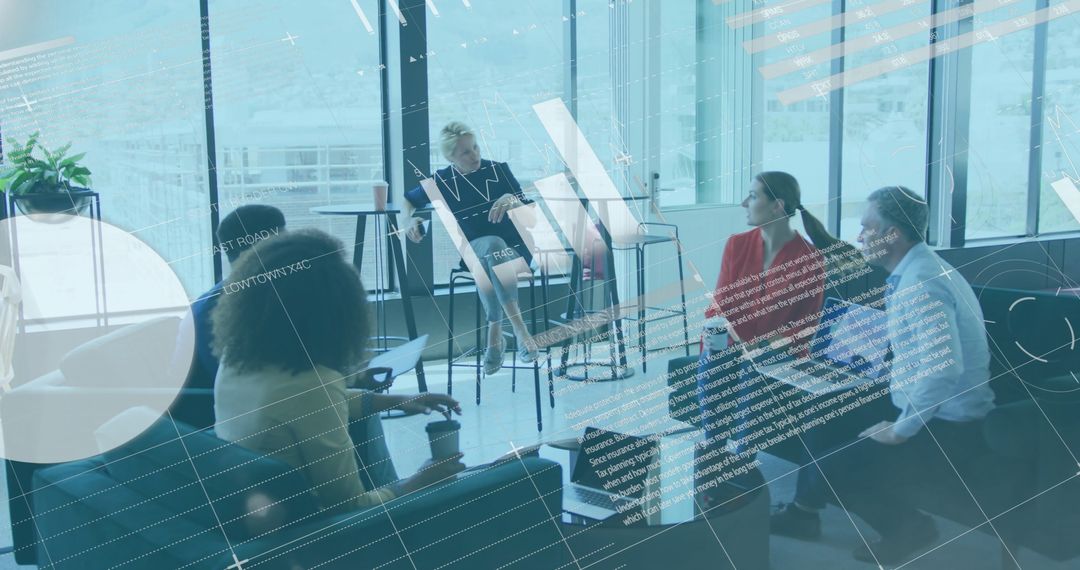 Diverse Team with Overlays of Financial Data in Modern Office