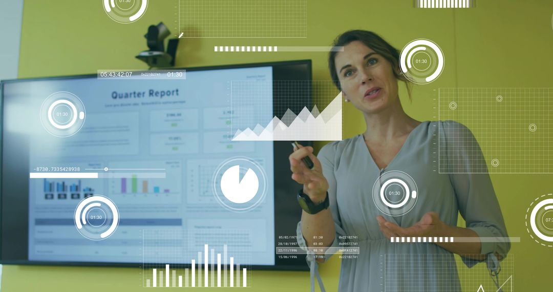 Businesswoman Presenting Analytics with Digital Technology Interface