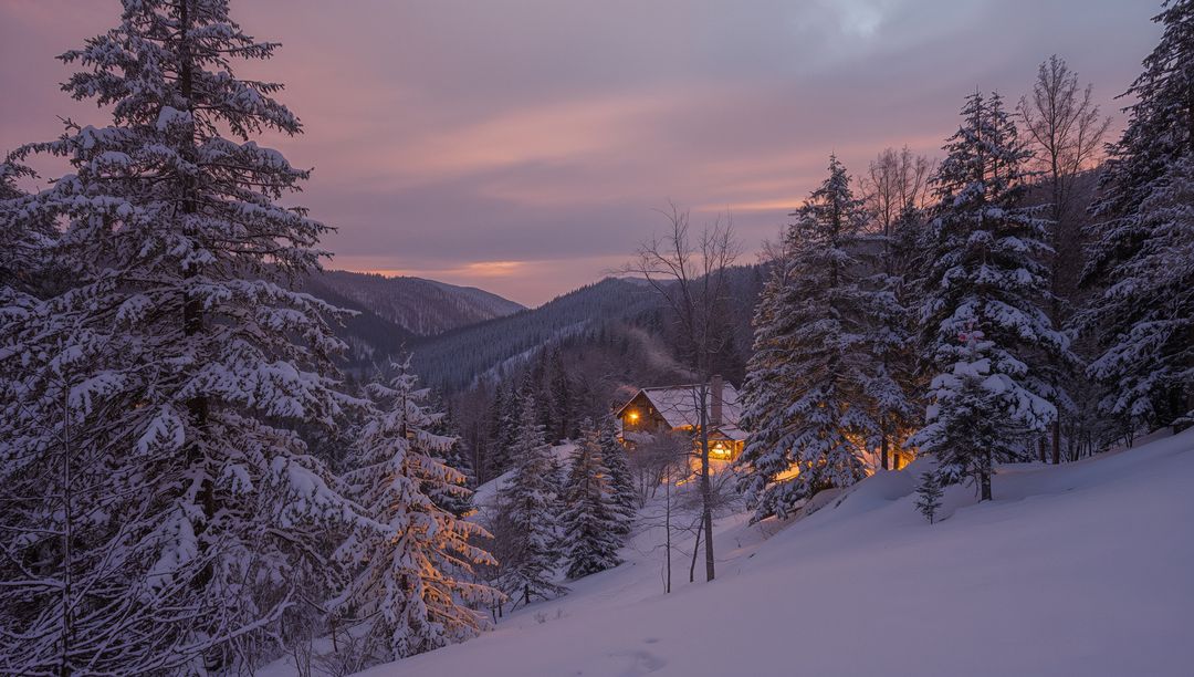 Glowing Alpine Cabin Nesting in Snowy Forest at Dusk with Warm Lights and Pink Sky