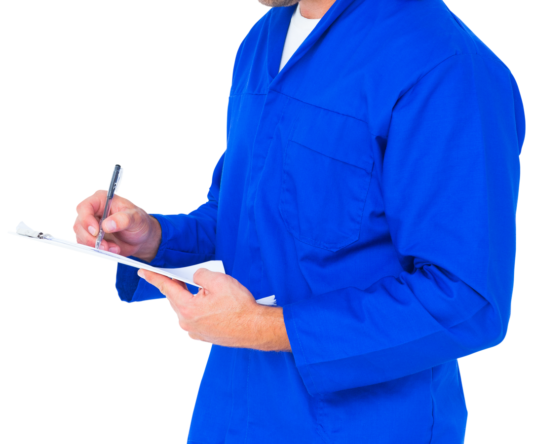 Midsection of Mechanic in a Blue Jumpsuit Writing on a Transparent Clipboard - Download Free Stock Images Pikwizard.com