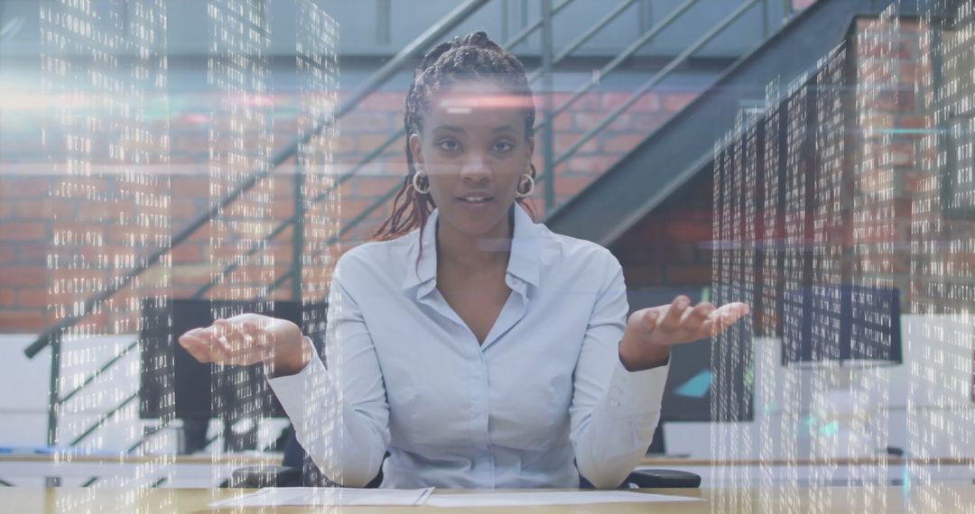 Empowered Professional Engaging with Virtual Interface in Modern Office