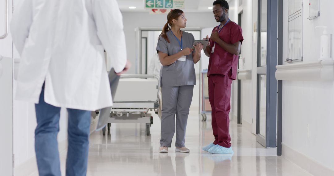 Healthcare Professionals Discussing Patient Records in Hospital Corridor - Free Images, Stock Photos and Pictures on Pikwizard.com