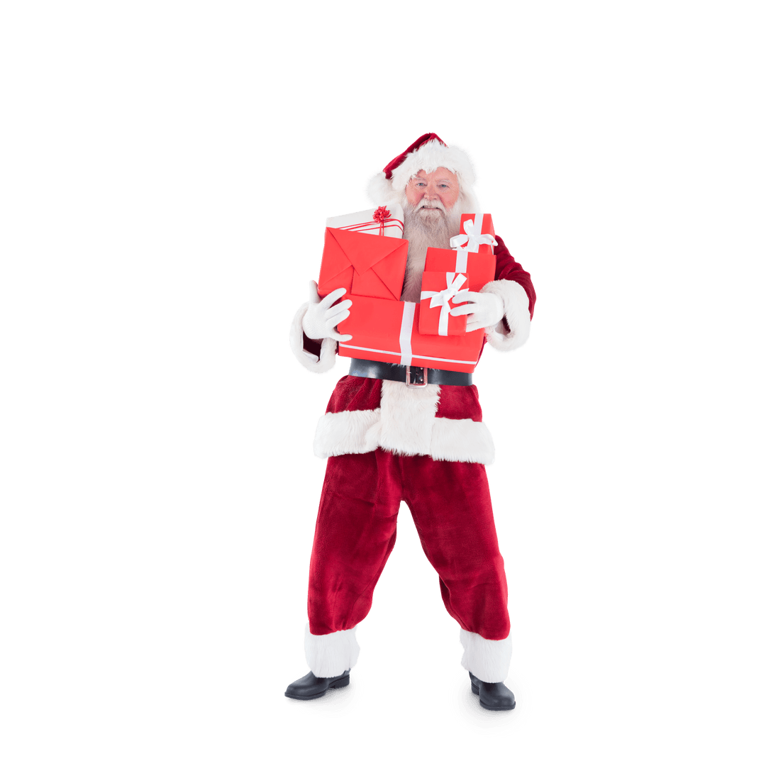Happy Santa Claus Holding Multiple Gift Boxes Transparent Background