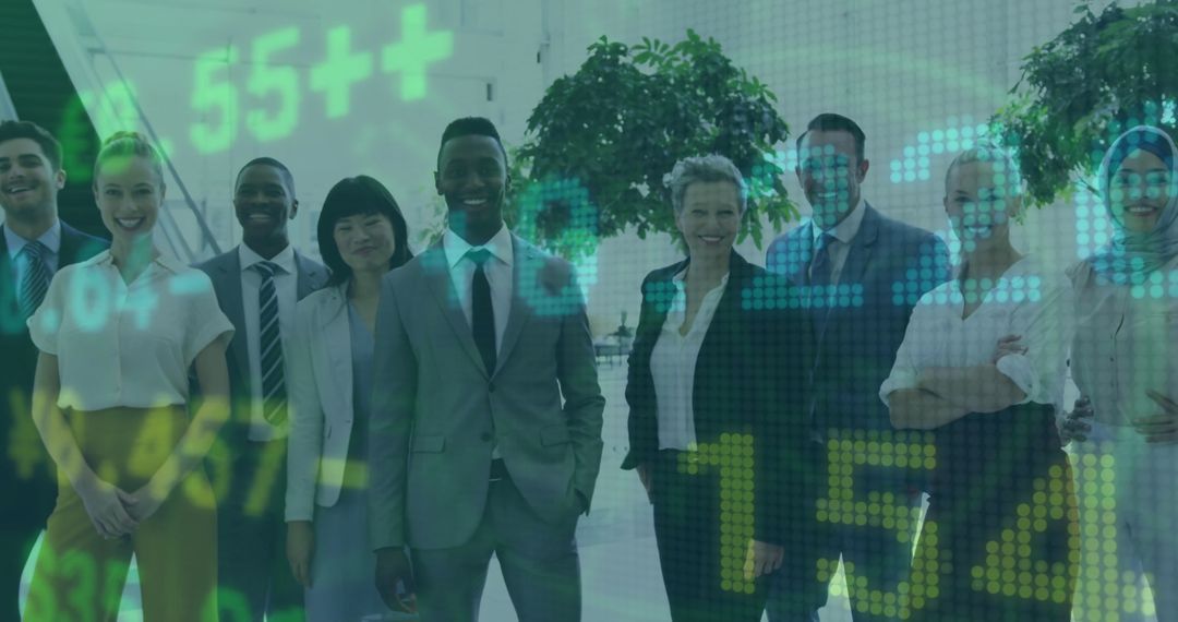 Smiling Diverse Business Team with Financial Overlay