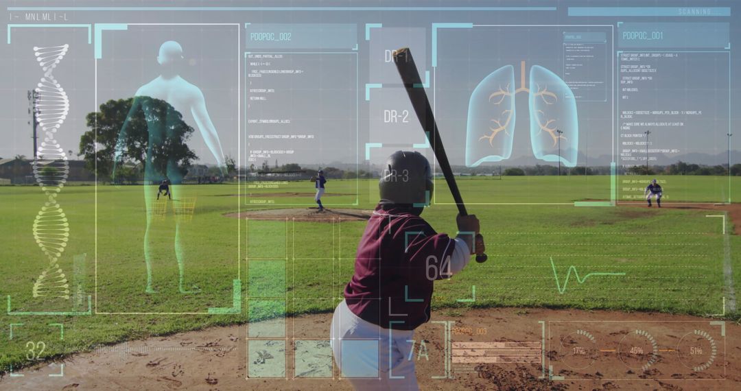 Athlete with Virtual Health and Fitness Data on Baseball Field