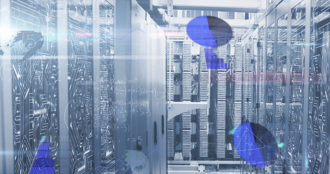 Futuristic Data Center with Digital Overlays and Server Racks