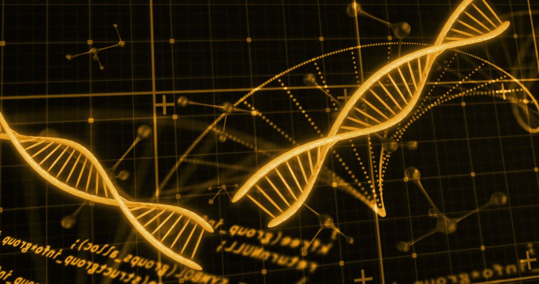 Futuristic DNA Strand with Digital Data Overlay in Gold Tones