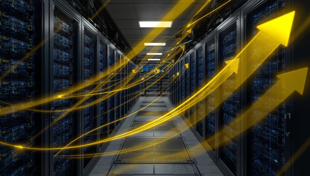 Golden Arrow Flow in Data Center Corridor Representing Digital Connectivity