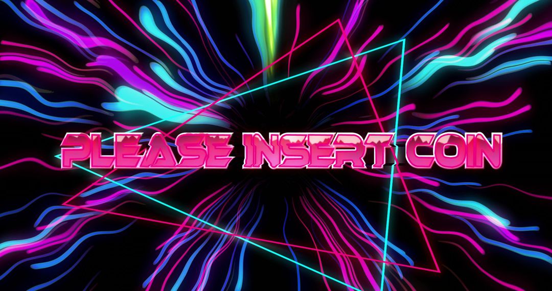 Please Insert Coin Neon Retro Arcade Typography with Synthwave Triangles and Neon Ribbons