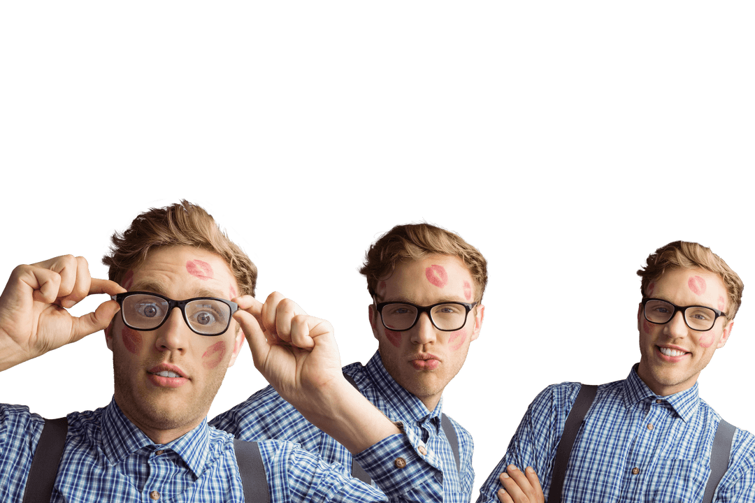 Cheerful Man With Glasses Lipstick Marks Transparent Cutout