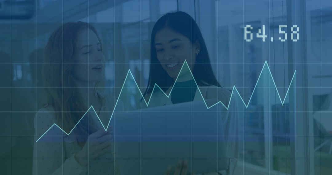 Businesswomen Discussing Analytics with Financial Chart Overlay
