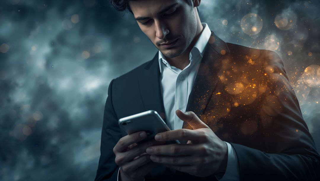 Businessman in Tailored Suit Engaged with Smartphone in Futuristic Scene