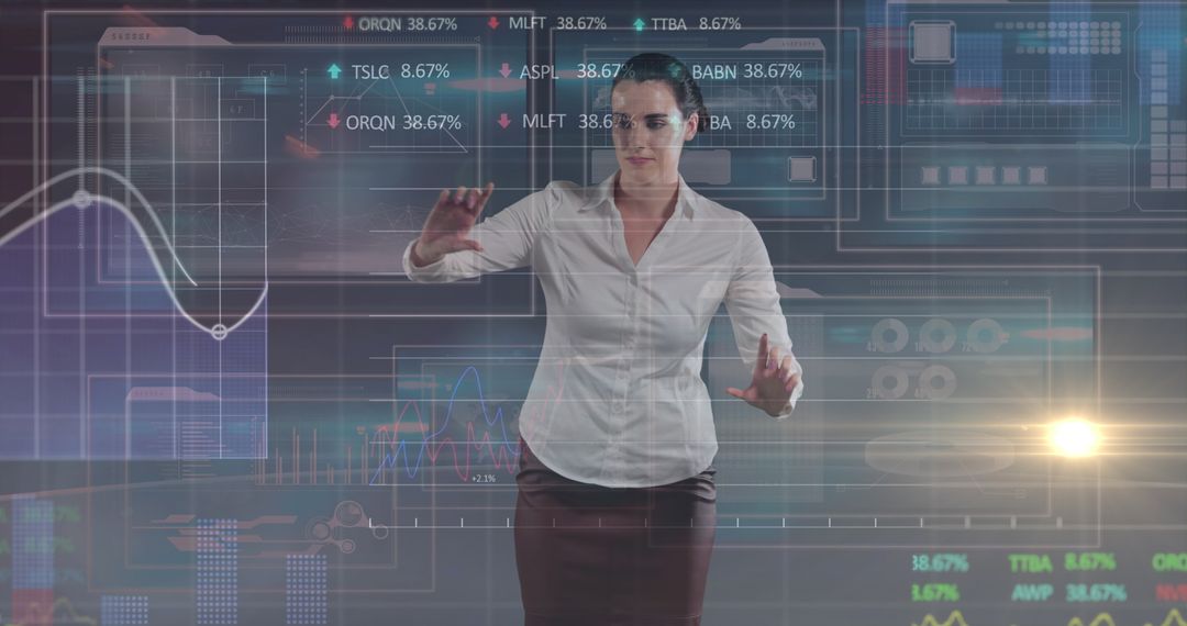 Businesswoman Analyzing Data on Touchscreen Interface