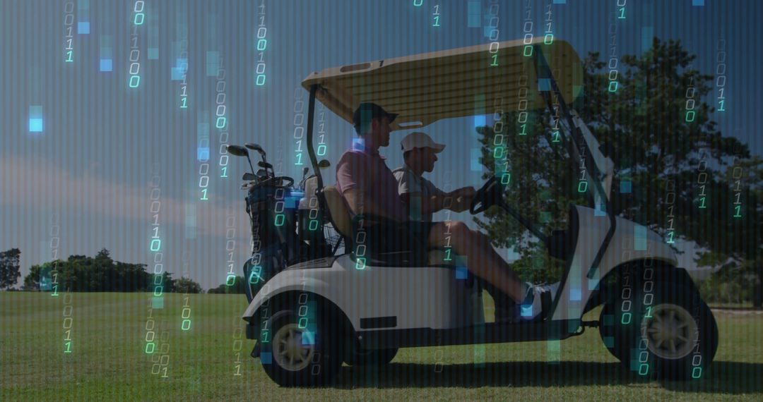 Golfers Using Technology on Golf Course with Binary Code Overlay