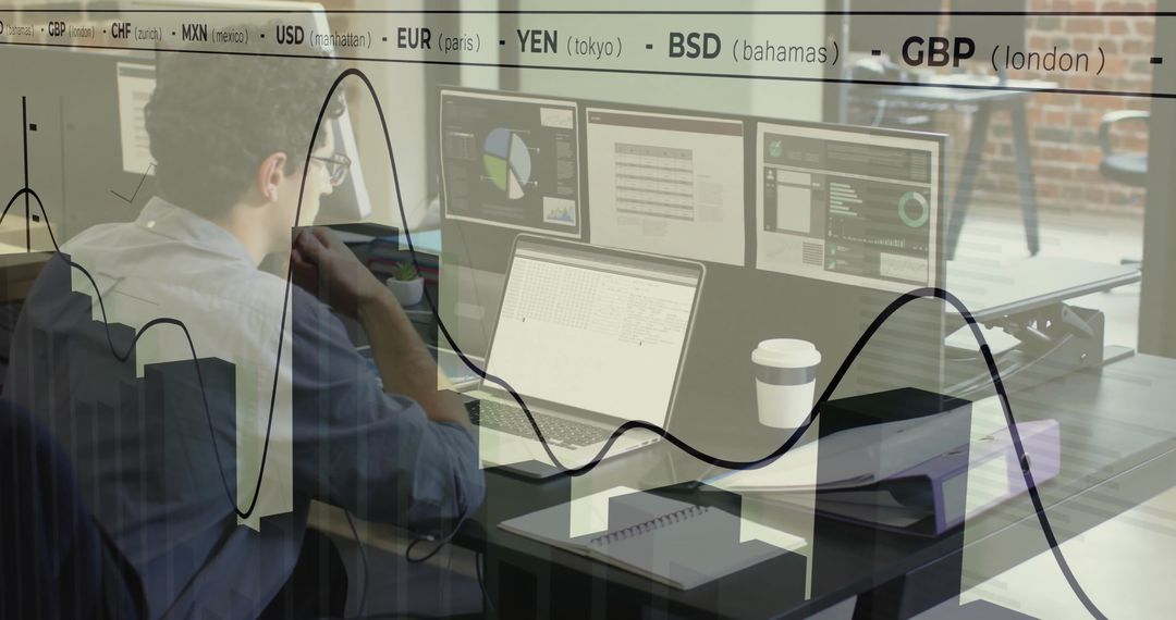 Businessman Analyzing Financial Data on Multiple Screens in Office