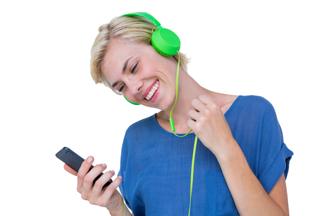 Transparent-Happy Woman Enjoying Music with Smart Phone and Green Headphones - Download Free Stock Images Pikwizard.com