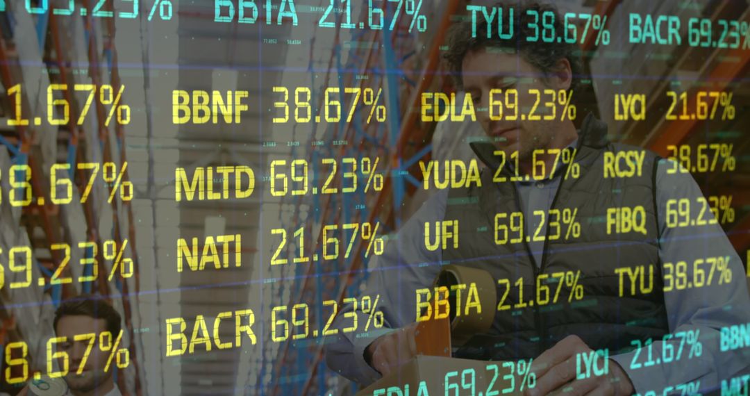 Stock Market Data Overlay Warehouse Scene, Logistics Analysis Concept