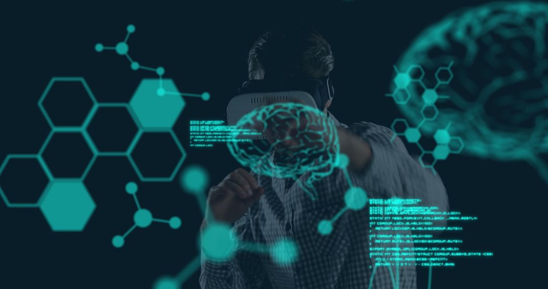 Businessman Exploring Virtual Reality with Digital Brain Interface