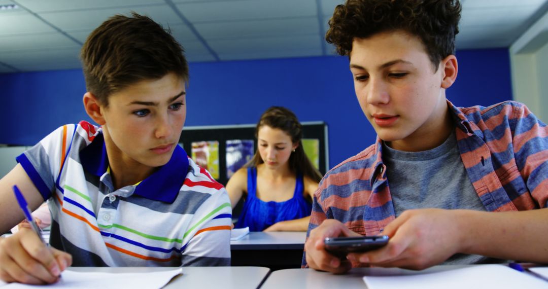 Two Teenage Boys Texting During Class While Classmate Studying in Background - Free Images, Stock Photos and Pictures on Pikwizard.com