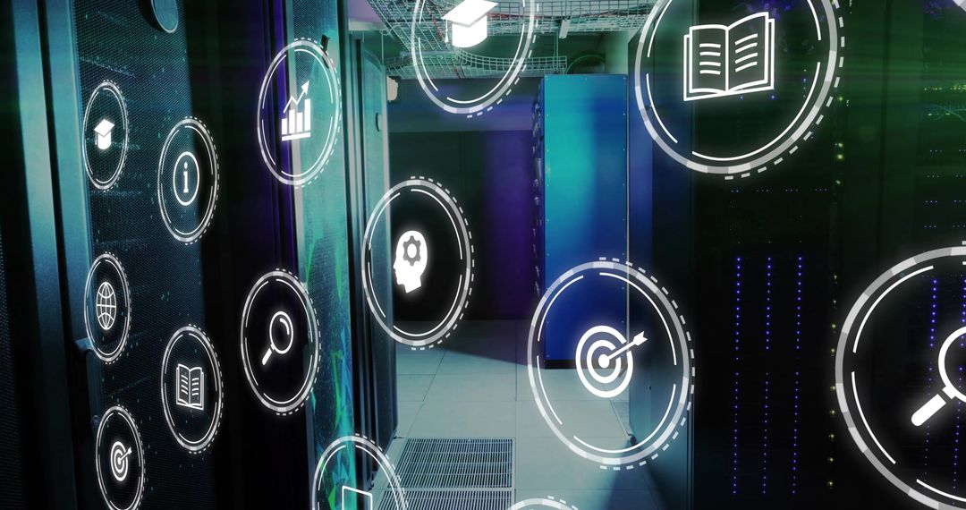 Data Center Aisle with Digital Overlay Icons Integration