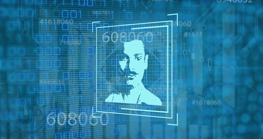 Futuristic Digital Data Processing Interface with Virtual Portrait