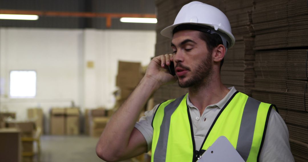 Warehouse Worker Talking on Phone Wearing High Visibility Vest and Hard Hat - Free Images, Stock Photos and Pictures on Pikwizard.com