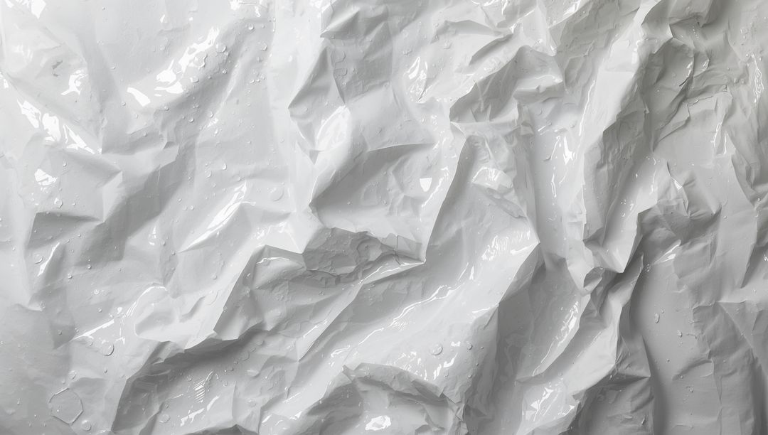 Crumpled Glossy White Plastic Texture with Water Droplets Macro Abstract Background