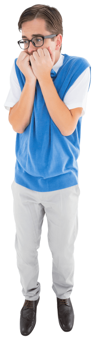 Transparent Nervous Geeky Hipster in Glasses with Blue Sweater