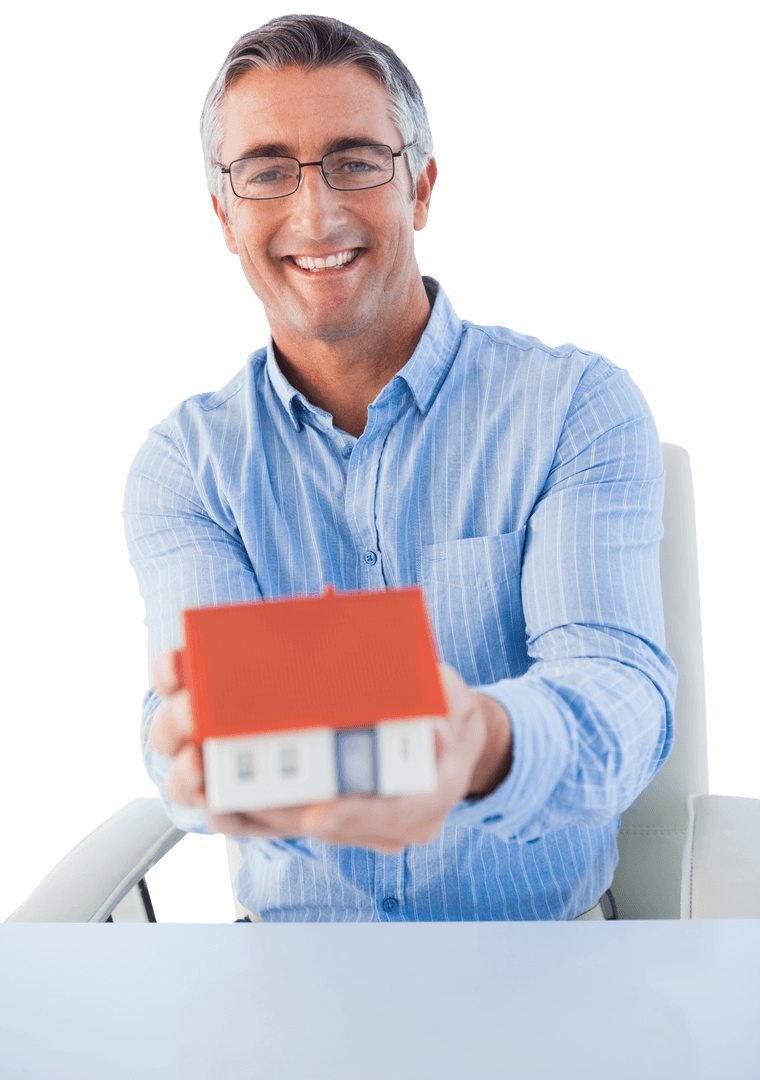 Smiling Businessman Holding House Model Transparent Background