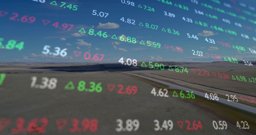 Floating Stock Market Data Over Arid Landscape