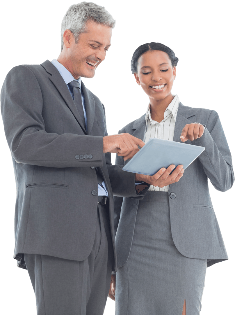 Transparent Business Team Discussing Digital Strategy Using Tablet