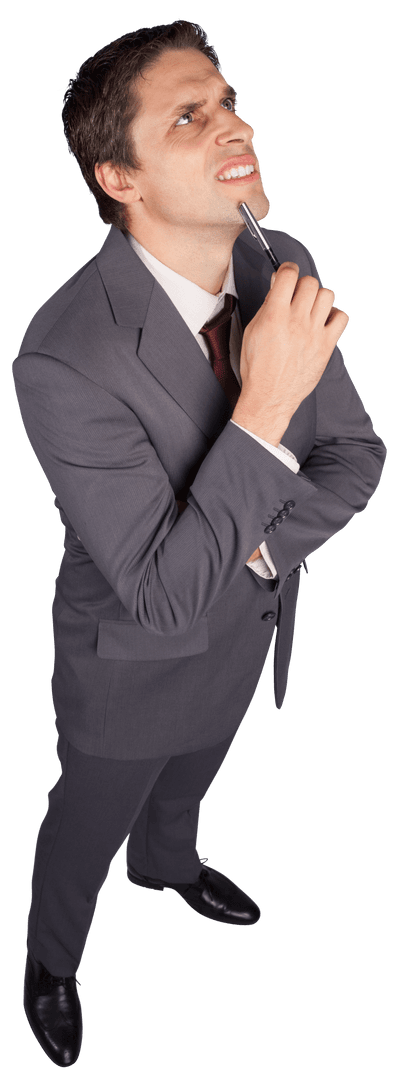 Transparent Businessman Pondering with Pen Close-Up