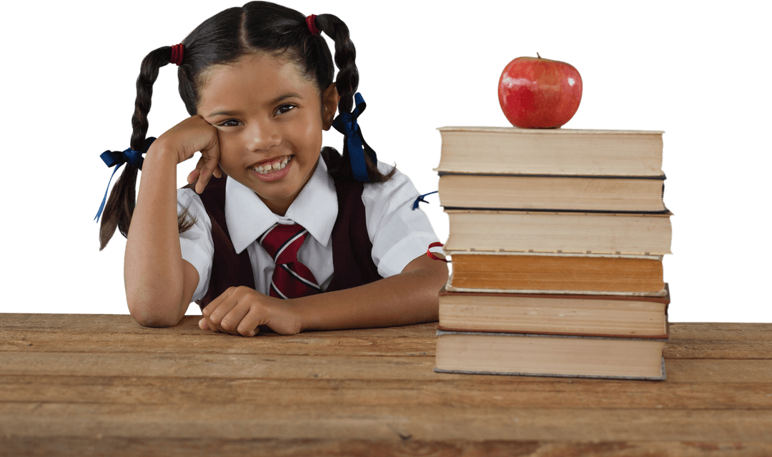 Smiling Schoolgirl Leaning by Transparent Book Stack and Apple