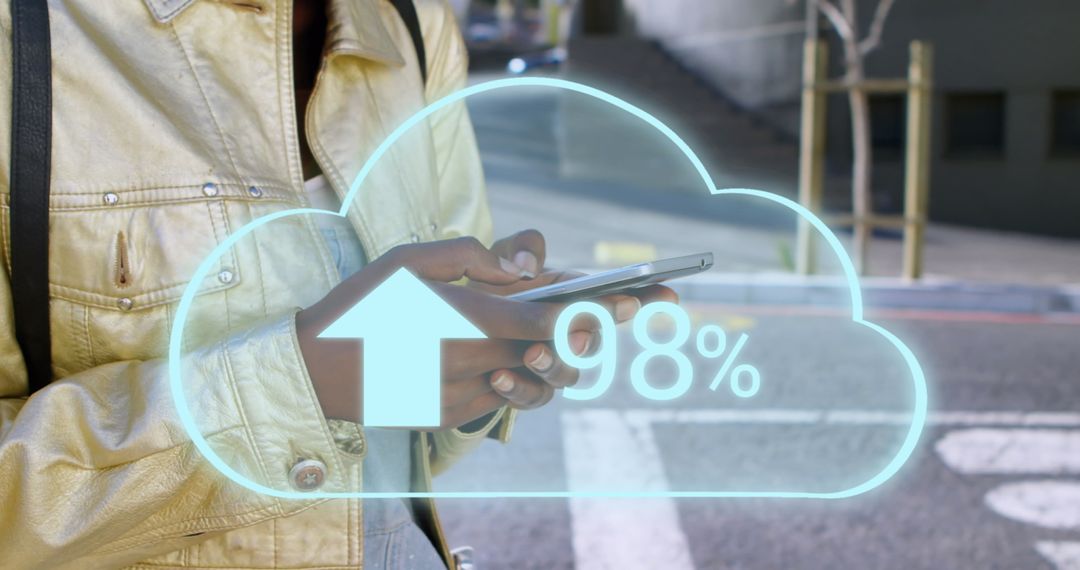 Woman Syncing Data with Cloud Technology on Smartphone Outdoors