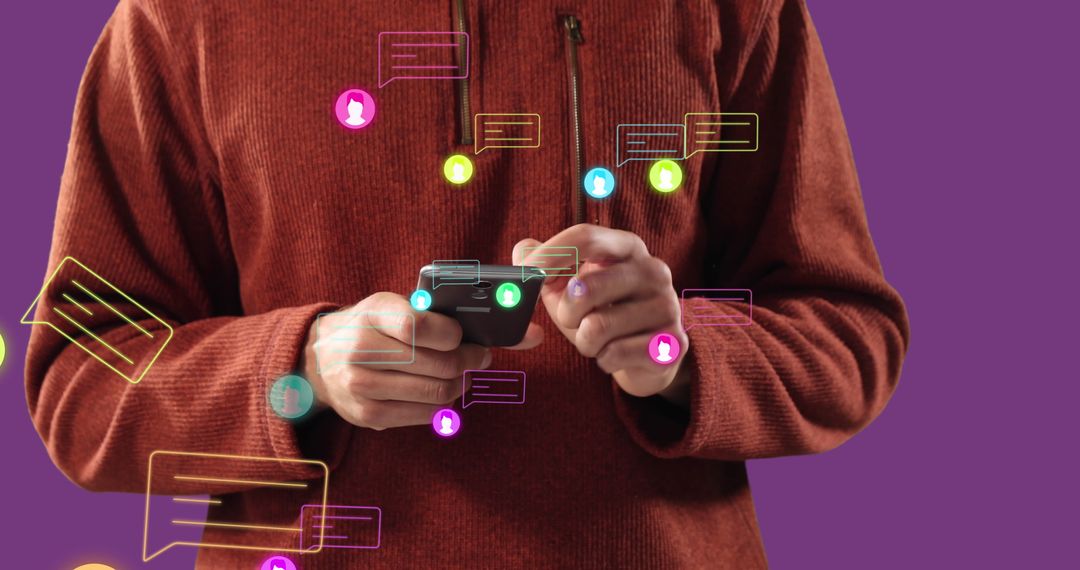 Man Using Smartphone with Social Media Icons Floating