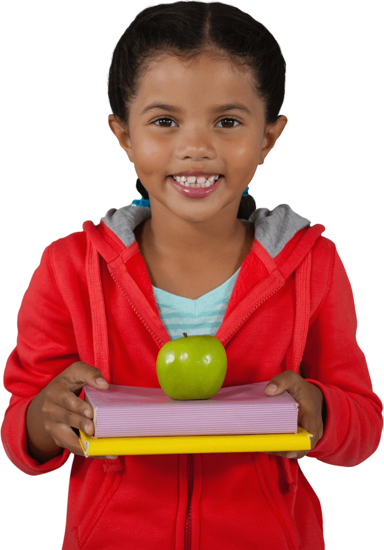 Girl Smiling with Transparent Books and Fresh Green Apple
