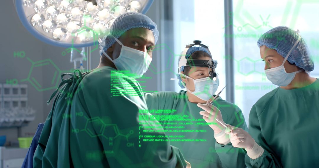 Diverse Surgeons Analyzing Digital Data in Operating Room