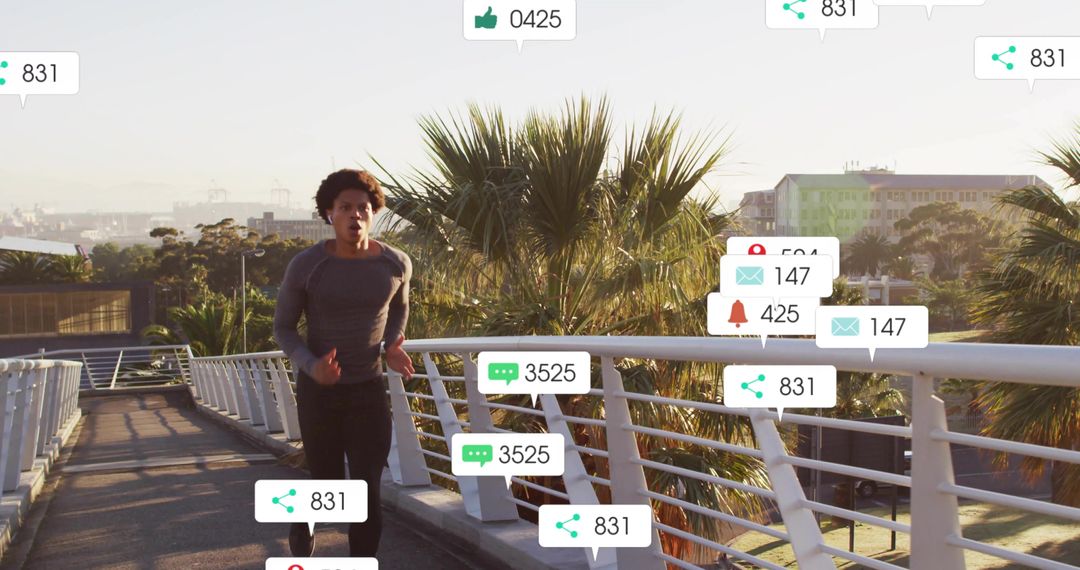 Active Male Jogger with Floating Social Media Icons on Urban Bridge