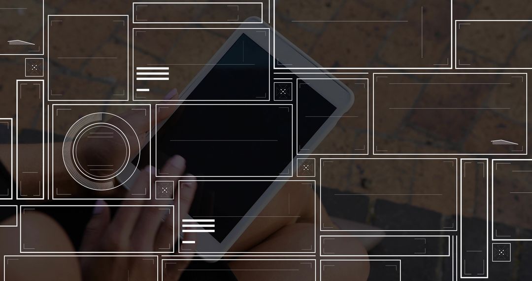 Woman Sitting with Tablet Outdoors Featuring Digital UI Overlays