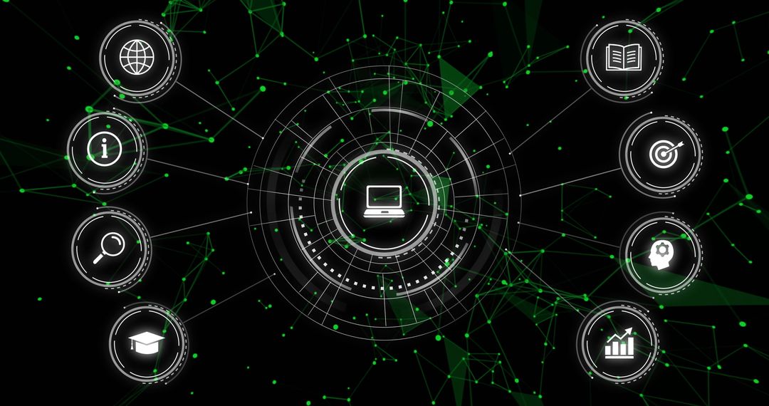 Digital Network Hub with Technology Icons and Green Mesh
