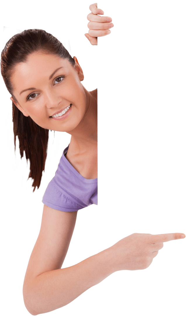 Cheerful Woman Pointing Around Transparent Card Corner